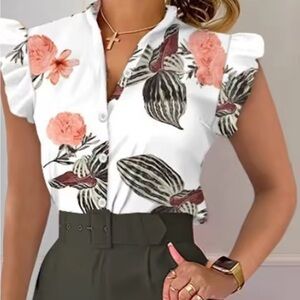 Pink Cap Sleeve Blouse with Ruffled Notched Collar